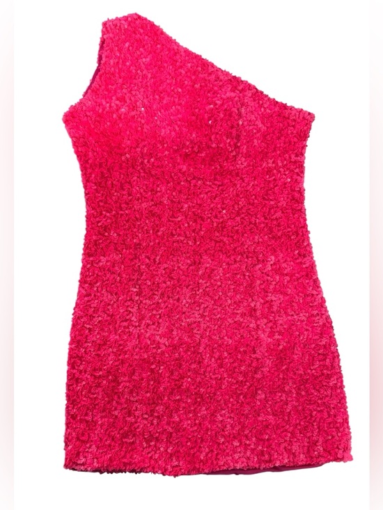 Hot Pink Sequin One Shoulder Mini Dress Textured Party Cocktail Large - Picture 2 of 9